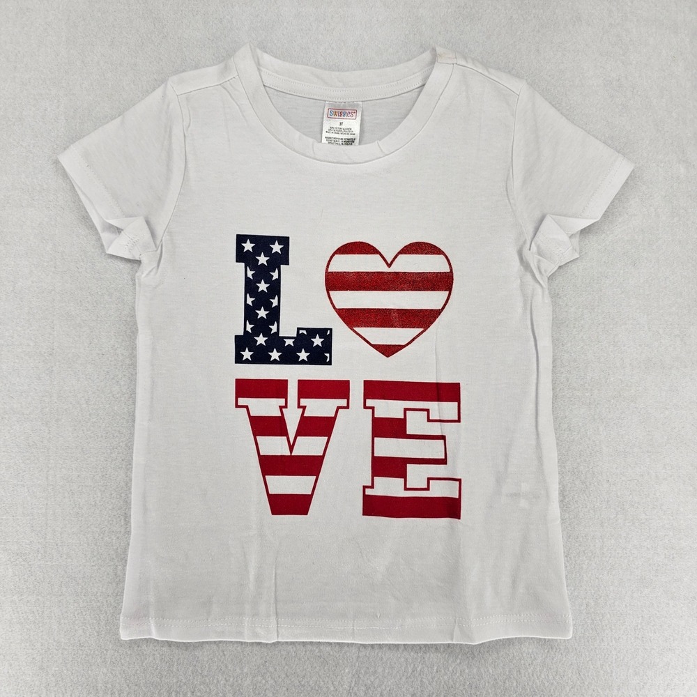 Swiggles Patriotic Love Graphic Tee Shirt USA Flag Top‎ Kids 4th of July Size 3T